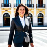 **

A professional businesswoman in Madrid, Spain, wearing a tailored, modest business suit in neutral tones. She's standing confidently in front of the Puerta del Sol, holding a leather briefcase. The scene is bright and sunny, capturing the vibrant atmosphere of the city. Fully clothed, appropriate attire, safe for work, perfect anatomy, natural proportions, professional photography, high quality, family-friendly.

**