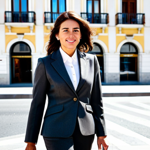 Home 22 **
A professional businesswoman in Madrid, Spain, wearing a tailored, modest business suit in neutral tones. She's standing confidently in front of the Puerta del Sol, holding a leather briefcase. The scene is bright and sunny, capturing the vibrant atmosphere of the city. Fully clothed, appropriate attire, safe for work, perfect anatomy, natural proportions, professional photography, high quality, family-friendly.
**