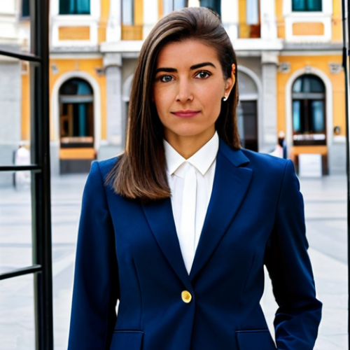Home 11 **
A professional businesswoman in Madrid, Spain, wearing a tailored, dark-blue suit and a crisp white blouse, standing confidently in front of the iconic Puerta del Sol. Focus on capturing her sharp features and confident expression. Fully clothed, appropriate attire, safe for work, perfect anatomy, natural proportions, professional photography, high quality.
**