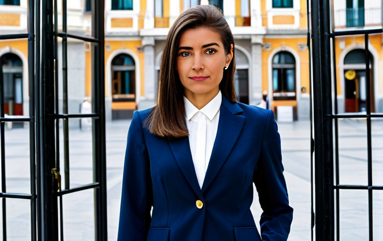 **

A professional businesswoman in Madrid, Spain, wearing a tailored, dark-blue suit and a crisp white blouse, standing confidently in front of the iconic Puerta del Sol. Focus on capturing her sharp features and confident expression. Fully clothed, appropriate attire, safe for work, perfect anatomy, natural proportions, professional photography, high quality.

**