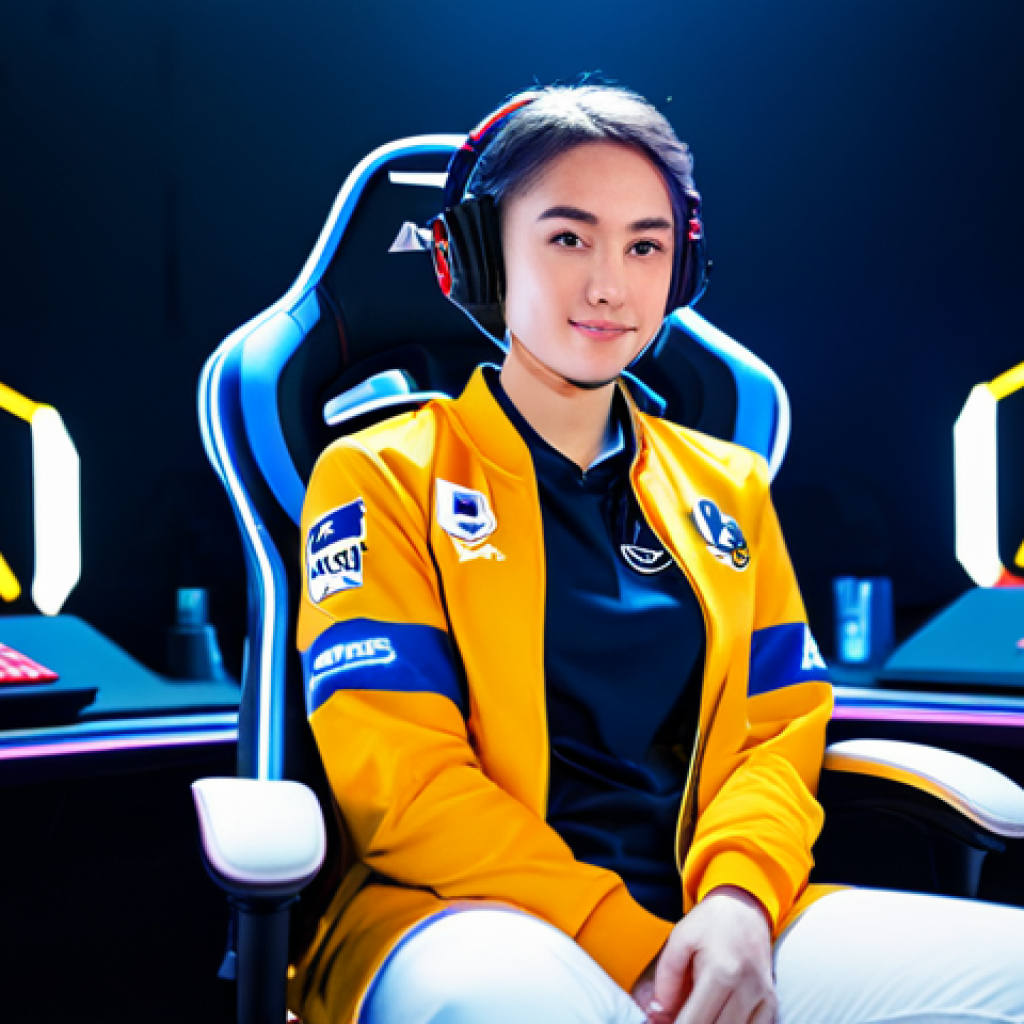 이터널리턴 전문 스트리머 추천 - **Prompt:** A professional female esports player, fully clothed in team uniform with a logo, sitting...