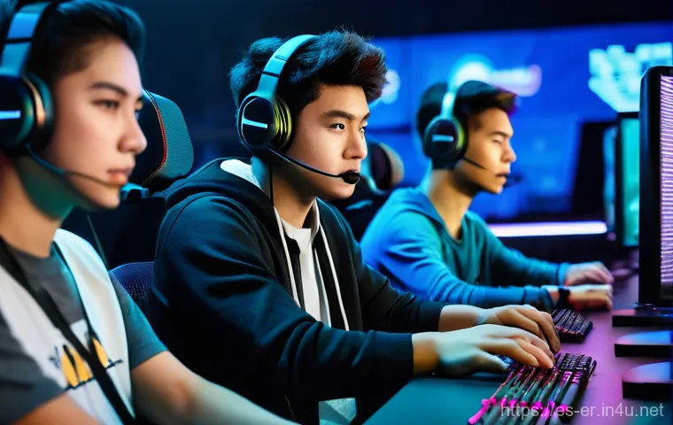 이터널리턴 글로벌 커뮤니티 콘텐츠 - **Global Gaming Convergence:**
"A group of four young adult gamers, two males and two females, o...