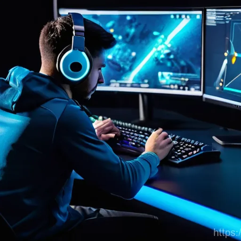 이터널리턴 프로 유저 인터뷰 - A focused esports player, mid-20s, with a determined yet calm expression, sitting in front of a mult...