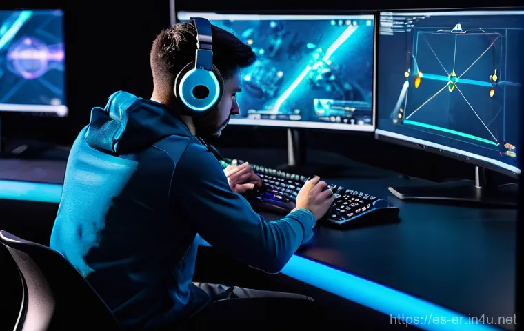 이터널리턴 프로 유저 인터뷰 - A focused esports player, mid-20s, with a determined yet calm expression, sitting in front of a mult...