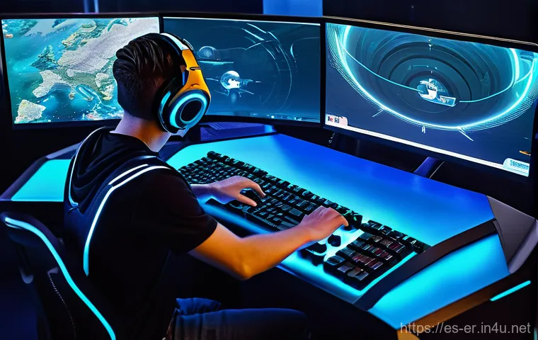 이터널리턴 프로 유저 인터뷰 - A focused esports player, mid-20s, with a determined yet calm expression, sitting in front of a mult... 이터널리턴 프로 유저 인터뷰 - A focused esports player, mid-20s, with a determined yet calm expression, sitting in front of a mult...