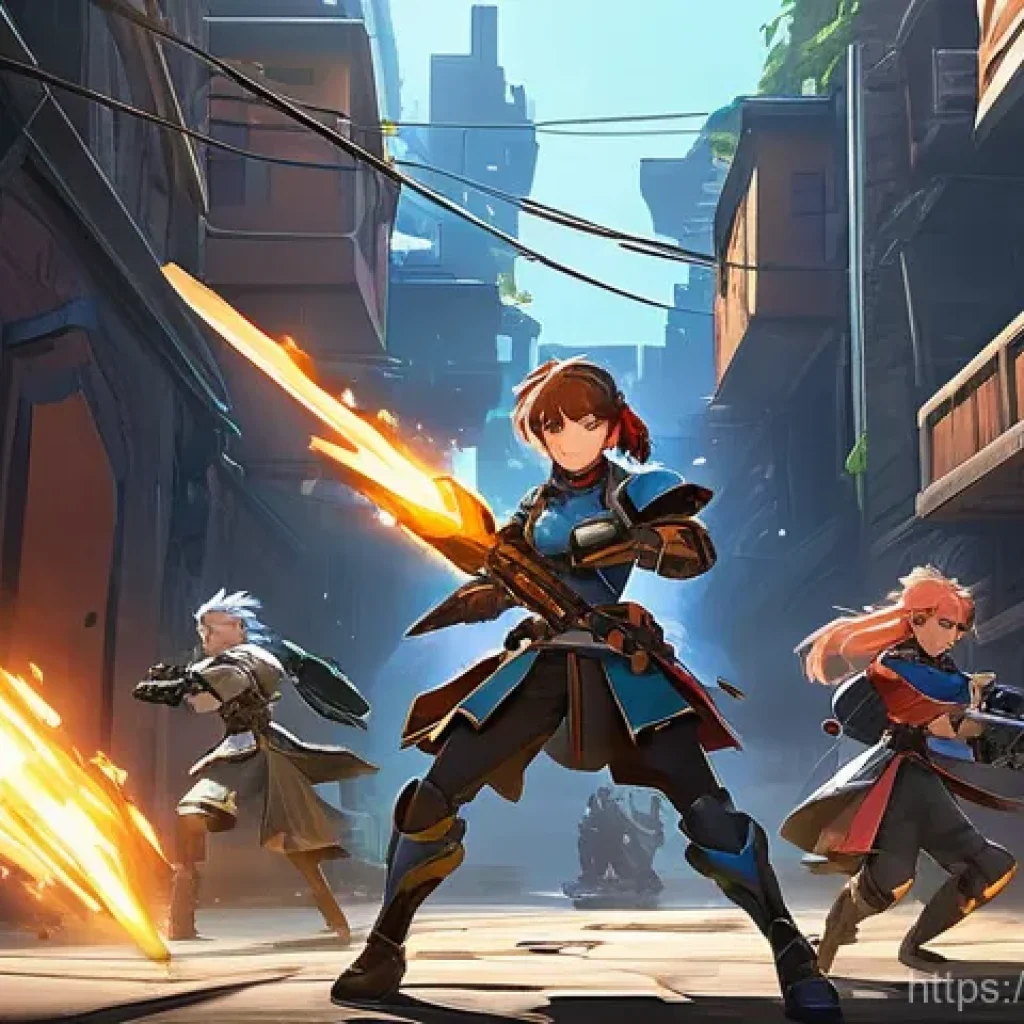 이터널리턴 글로벌 서버 정보 - **Prompt:** A dynamic, anime-style team fight scene set in the "Alleyways" zone of Lumia Island from...