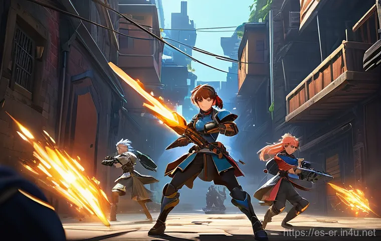 이터널리턴 글로벌 서버 정보 - **Prompt:** A dynamic, anime-style team fight scene set in the "Alleyways" zone of Lumia Island from...