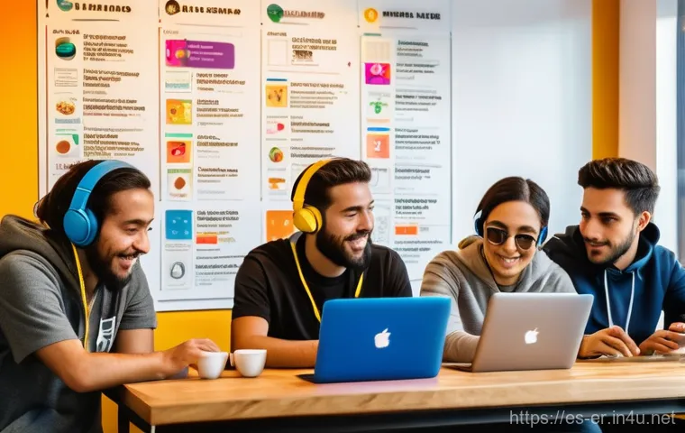 이터널리턴 팬 커뮤니티 협력 - **Vibrant Community Knowledge Sharing Session:** A diverse group of 5-7 young adults (ages 20-30s, r...