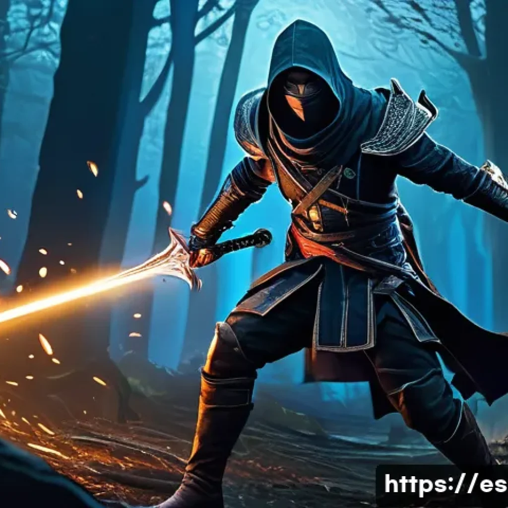 이터널리턴 아이템 데이터 분석 - A dynamic fantasy battle scene featuring a skilled assassin character wearing sleek, dark leather ar...