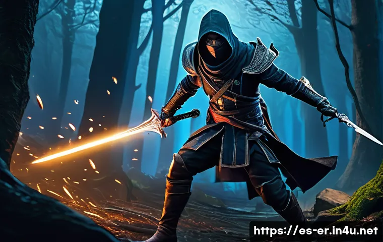 이터널리턴 아이템 데이터 분석 - A dynamic fantasy battle scene featuring a skilled assassin character wearing sleek, dark leather ar...
