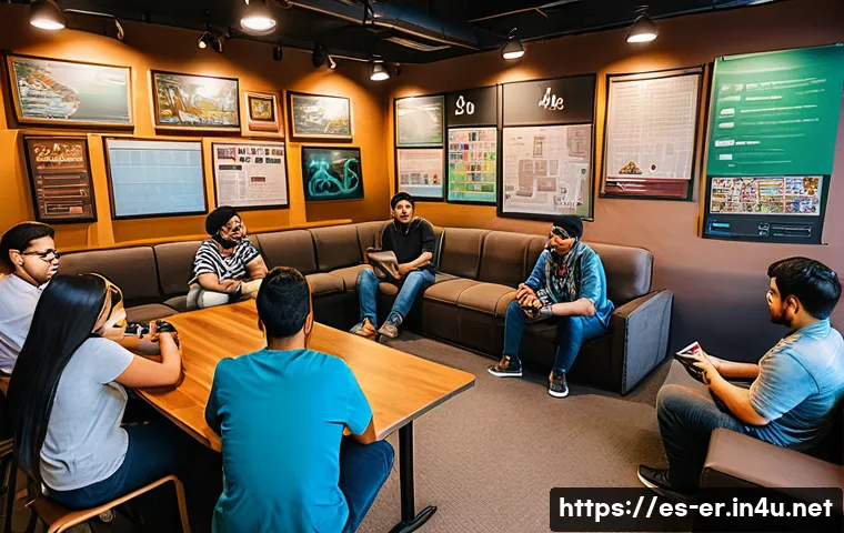 이터널리턴 팬 커뮤니티 운영 가이드 - A cozy and inclusive gaming community room featuring diverse players of different ages, genders, and...