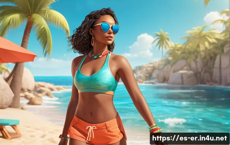 이터널리턴 스킨 전용 이벤트 - A dynamic scene of a female character in Eternal Return wearing a stylish summer-themed skin with vi...