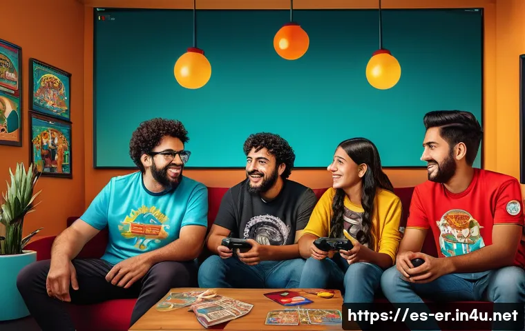 이터널리턴 언어별 가이드 제작 - A vibrant digital illustration of a diverse group of Hispanic gamers from Mexico, Spain, and Argenti...