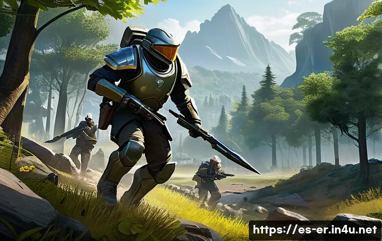 이터널리턴 협동 모드 승리법 - A dynamic team of four diverse characters in a lush, strategic battlefield environment, each clearly...