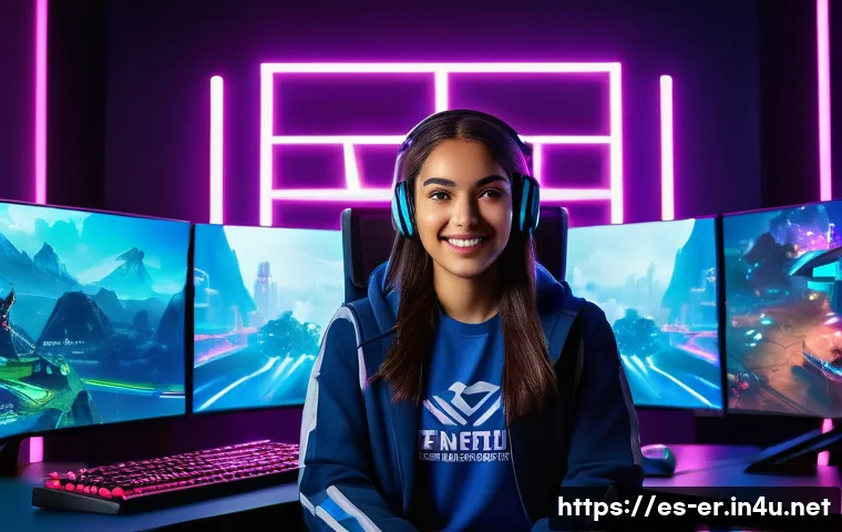 이터널리턴 사전 등록 혜택 - A dynamic gaming scene featuring a confident young Hispanic female gamer in casual stylish attire, s...