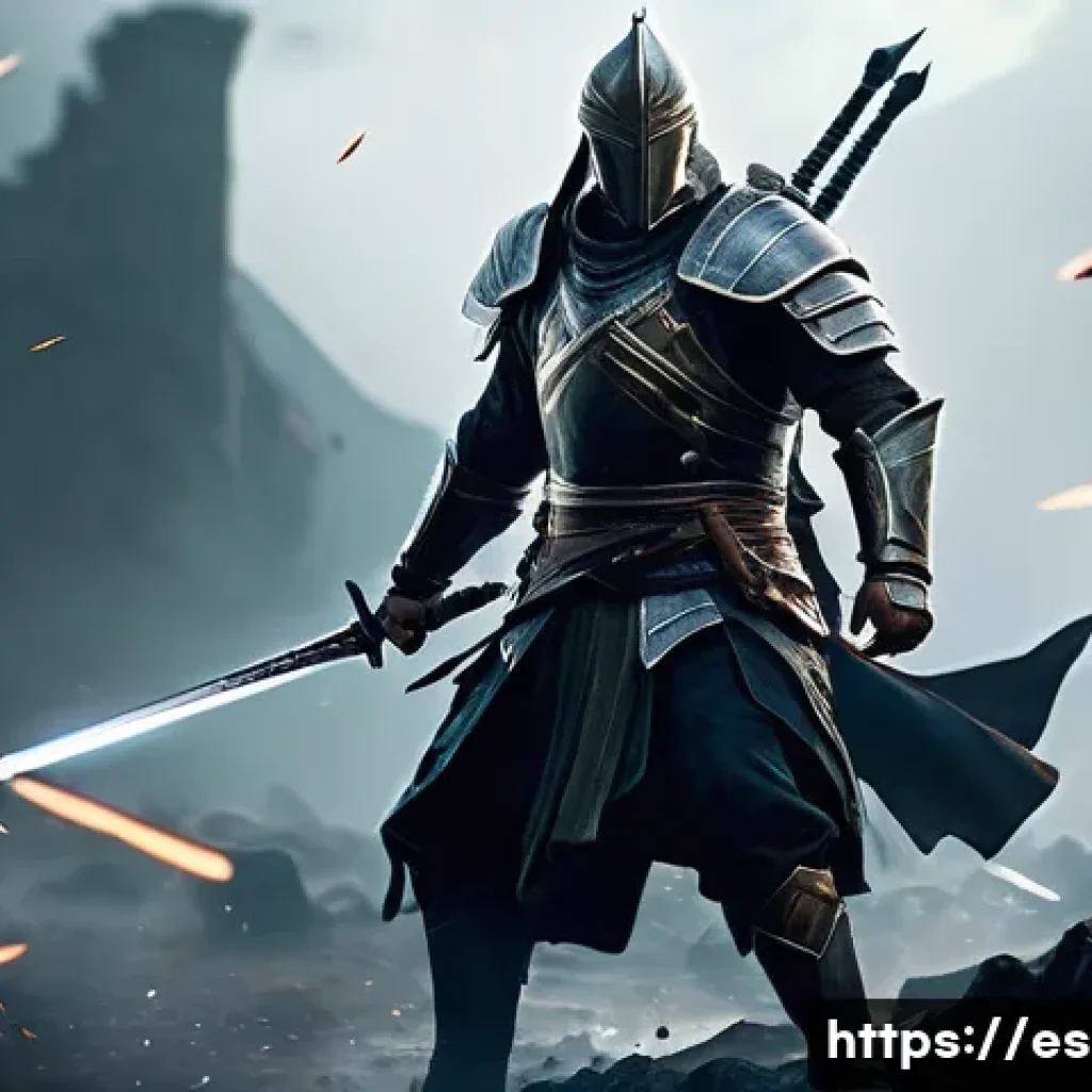 이터널리턴 인기 장비 모음 - A dynamic scene depicting a skilled warrior wielding a long sword in mid-action on a misty battlefie...