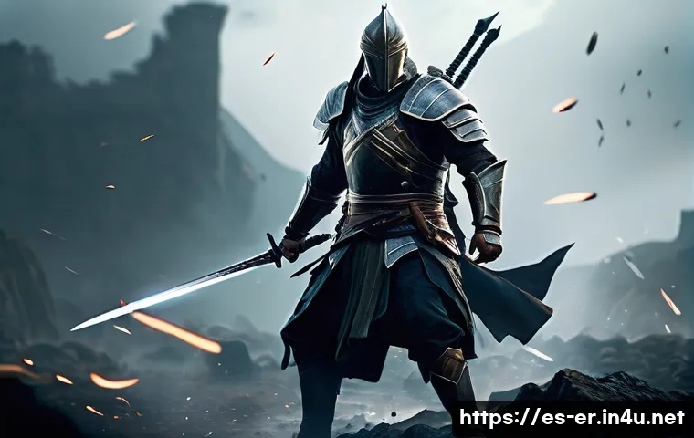 이터널리턴 인기 장비 모음 - A dynamic scene depicting a skilled warrior wielding a long sword in mid-action on a misty battlefie...