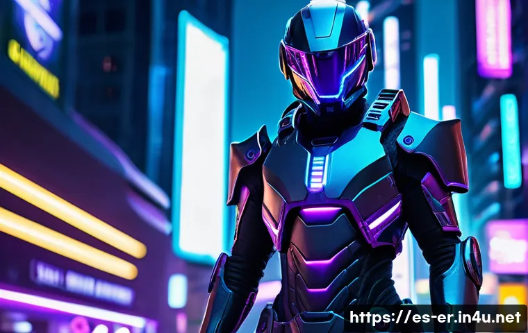 이터널리턴 캐릭터 코스튬 정보 - A futuristic character suit featuring neon colors and sleek technological design elements, glowing b...