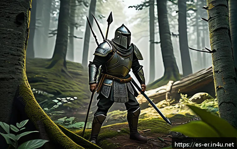 이터널리턴 기본 장비 제작법 - A tactical survival game character dressed in lightweight armor made from wood and fabric, holding a...