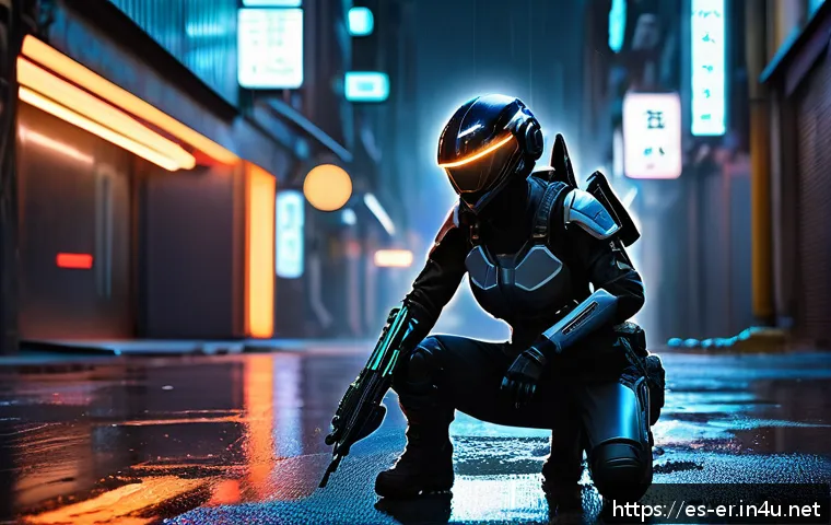 이터널리턴 신규 캐릭터 능력치 - A stealthy female character in futuristic tactical gear blending into a dense urban environment at n...