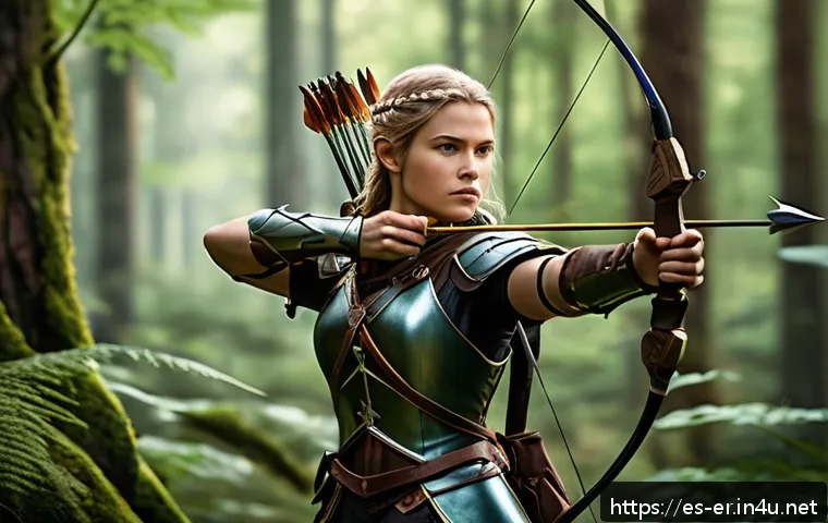 이터널리턴 실시간 스트리밍 기법 - A dynamic fantasy character portrait of Freya, a female archer with high mobility, poised mid-action...