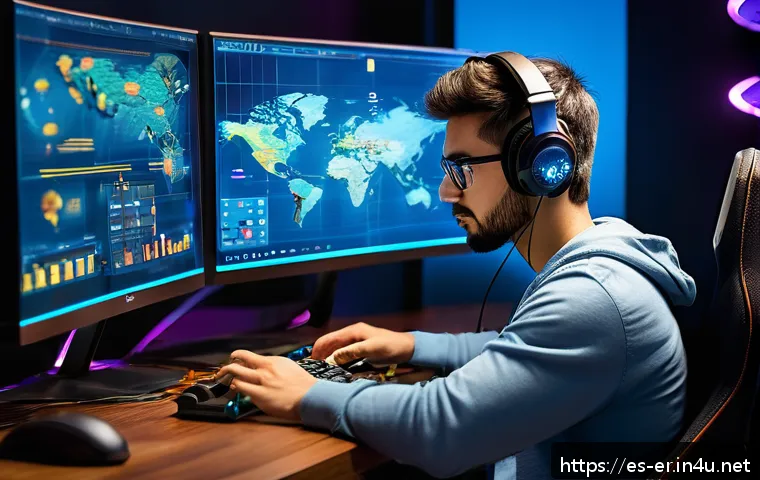 이터널리턴 인기 유튜버 추천 - A dynamic digital art scene showing a skilled gamer analyzing a complex strategy map of Eternal Retu...