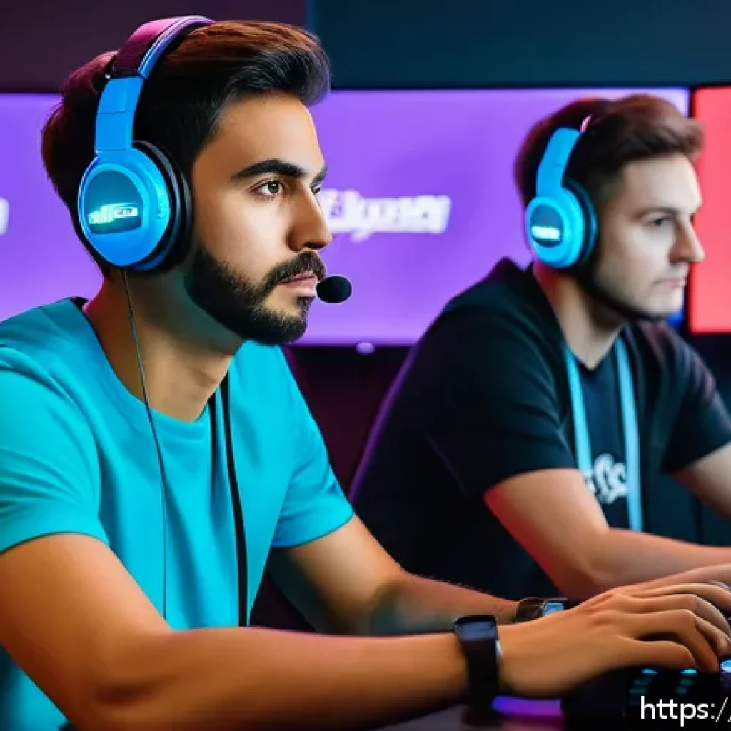 이터널리턴 팀워크 성공 비법 - A dynamic esports team in a modern gaming room, intensely coordinating during a competitive match of...