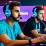 이터널리턴 팀워크 성공 비법 - A dynamic esports team in a modern gaming room, intensely coordinating during a competitive match of...