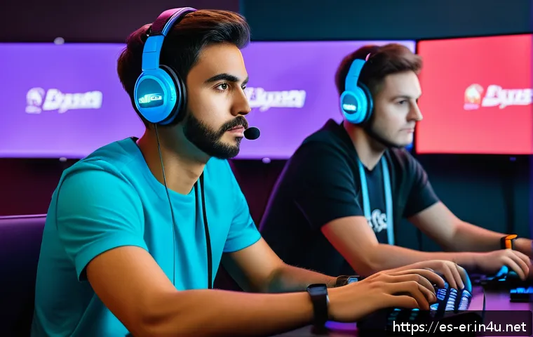 이터널리턴 팀워크 성공 비법 - A dynamic esports team in a modern gaming room, intensely coordinating during a competitive match of...