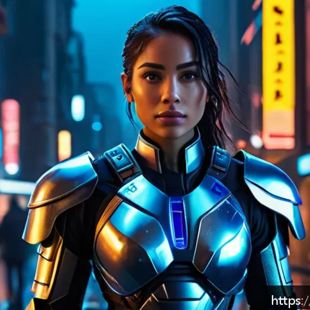 이터널리턴 비공식 스킨 제작 - A futuristic female character wearing sleek, high-tech armor with glowing blue and silver accents, s...