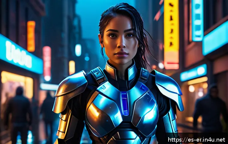 이터널리턴 비공식 스킨 제작 - A futuristic female character wearing sleek, high-tech armor with glowing blue and silver accents, s...
