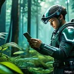 이터널리턴 초고속 성장법 - A dynamic scene of a skilled gamer character in a futuristic forest map, carefully planning an effic...