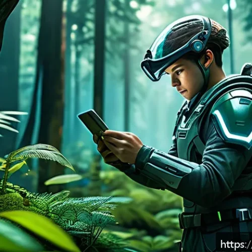 이터널리턴 초고속 성장법 - A dynamic scene of a skilled gamer character in a futuristic forest map, carefully planning an effic...