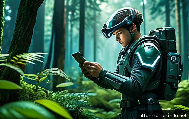 이터널리턴 초고속 성장법 - A dynamic scene of a skilled gamer character in a futuristic forest map, carefully planning an effic...