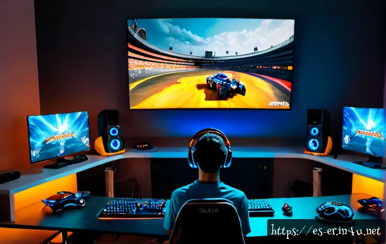 이터널리턴 최고 데미지 조합 - Photorealistic competitive gaming desk scene in a modern Madrid apartment, focused young Spanish esp...