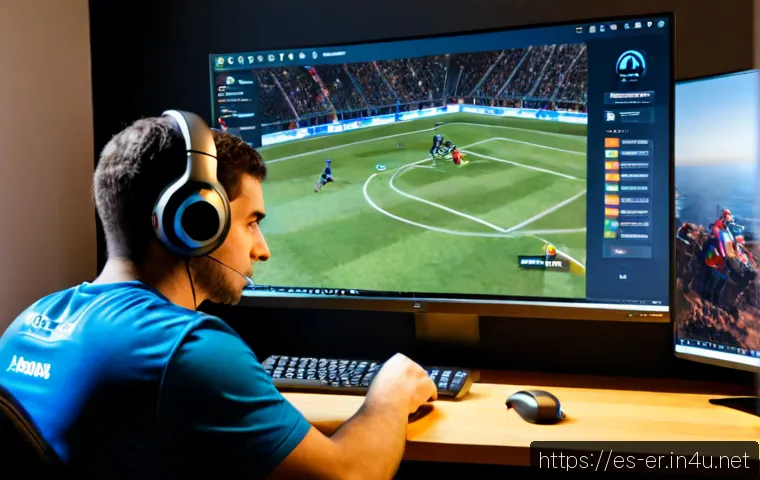 Home 17 이터널리턴 전문 코칭 서비스 - Photorealistic esports coaching session in a modern Spanish-speaking gamer’s home office, a focused ...