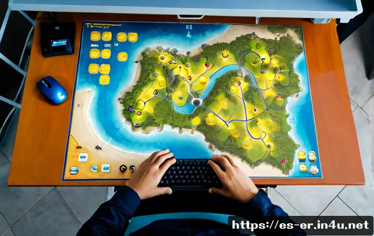 이터널리턴 맵별 전략적 위치 - Photorealistic overhead view of a competitive gamer’s strategy desk in a modern Spanish apartment, h...