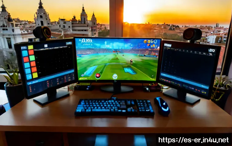 Home 17 이터널리턴 신규 맵 출시 일정 - Photorealistic evening scene of a Spanish gamer’s clean home desk in Madrid, dual monitors displayin...