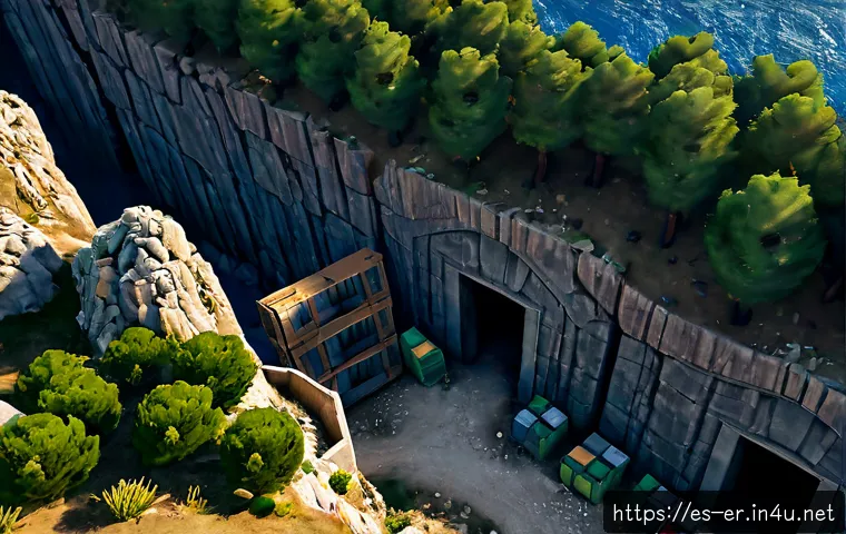 이터널리턴 맵 숨겨진 지역 - Photorealistic isometric view of a concealed coastal research compound in a multiplayer survival are...