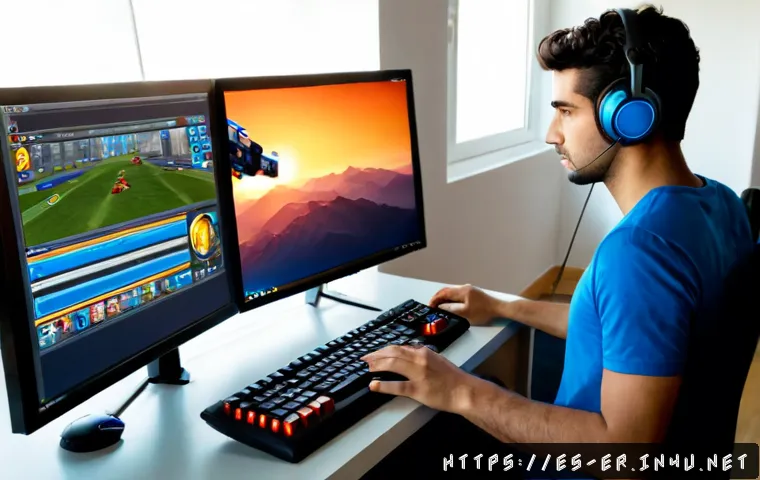 이터널리턴 유저 편의성 개선안 - Photorealistic over-the-shoulder view of a Spanish-speaking gamer in a bright modern apartment in Ma...